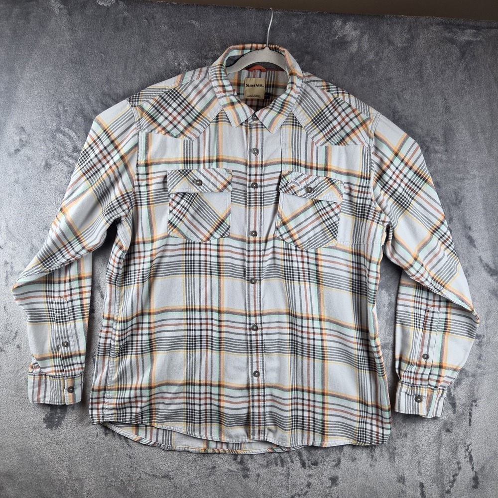 Simms Santee Flannel Button Plaid Shirt Mens XL Fishing Pockets Performance